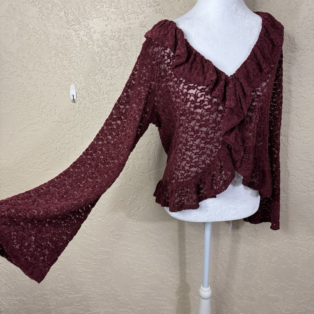 Women's Burgundy Fairy Whimsigoth Top Size L Velvety Lace Ruffle Bell Sleeves